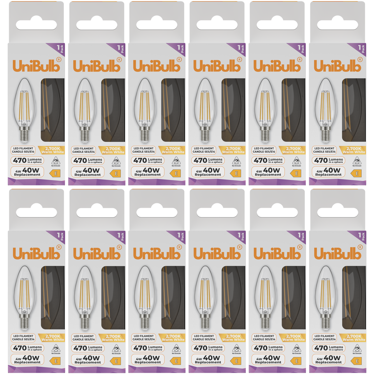 UniBulb LED Filament Candle E14 470lm 4W 2700K (Warm White) Light Bulb - Pack of 12