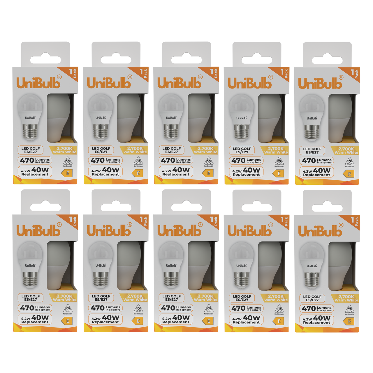 UniBulb LED Golf Ball E27 470lm 4.2W 2700K (Warm White) Light Bulb - Pack of 10 bulb