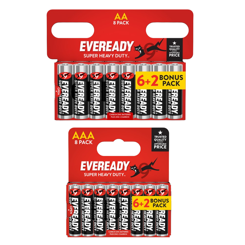8x Eveready Super Heavy Duty AA & 8x AAA Zinc Batteries - 16x Batteries in total)