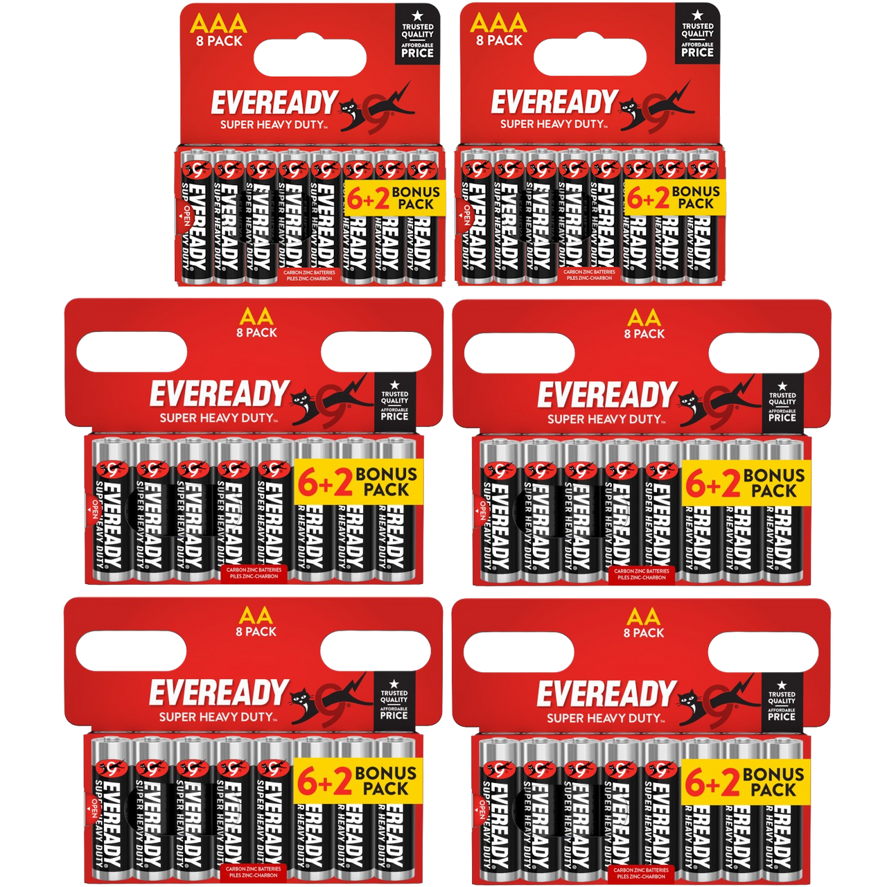 32x Eveready Super Heavy Duty AA & 16x AAA Zinc Batteries - (48x Batteries in total)