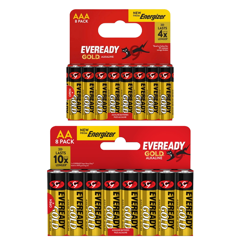 8x Eveready Gold AA & 8x AAA Alkaline Batteries - (16x Batteries in total)