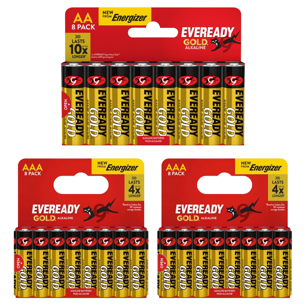 8x Eveready Gold AA & 16x AAA Alkaline Batteries - (24x Batteries in total)
