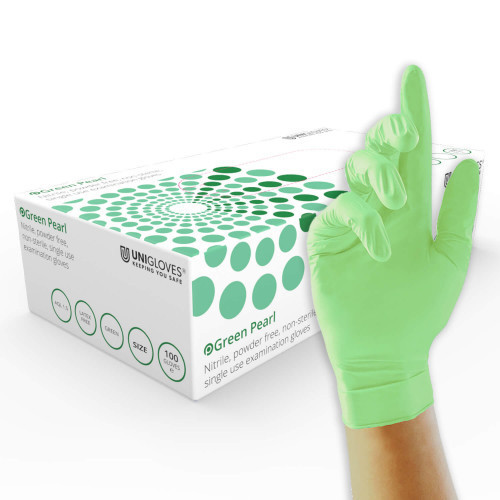 Unigloves Green Pearl Small Medium Large XL extra large Box 100 Nitrile Gloves Powder and Latex free GP0042 GP0043 GP0044 GP0045