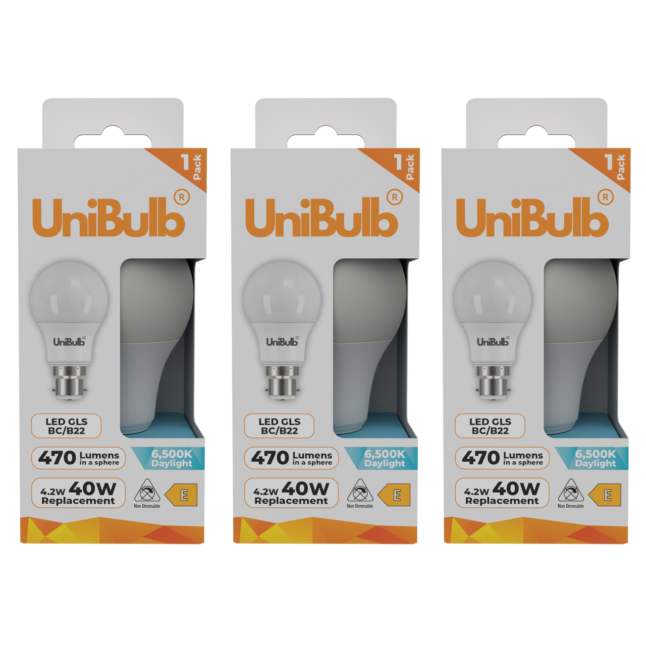 UniBulb LED GLS B22 470lm 4.2W 6500K (Daylight) Light bulb - Pack of 3 front