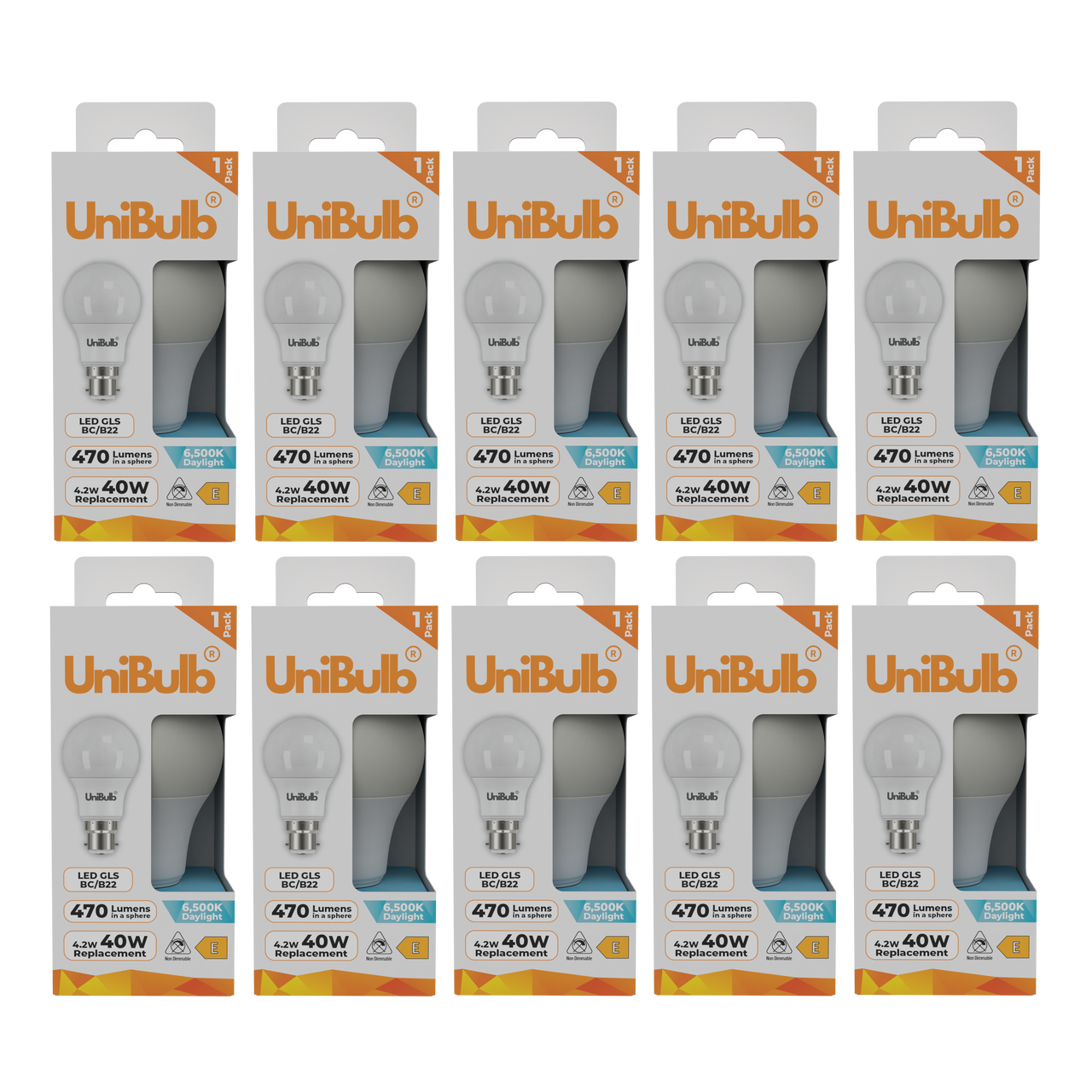 UniBulb LED GLS B22 470lm 4.2W 6500K (Daylight) Light bulb - Pack of 10 front