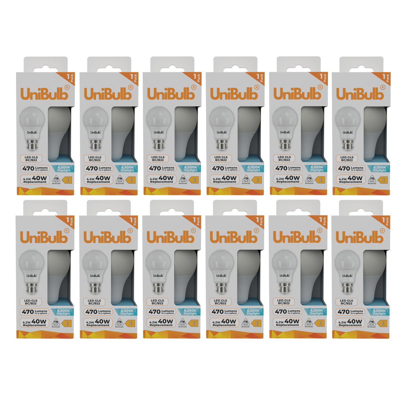 UniBulb LED GLS B22 470lm 4.2W 6500K (Daylight) Light bulb - Pack of 12 front