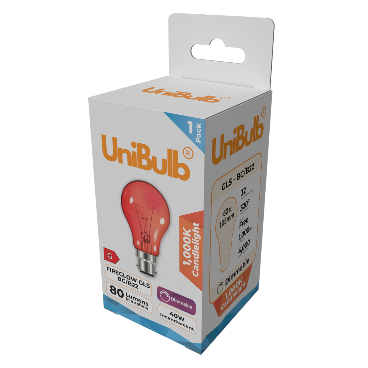 UniBulb B22 Fireglow Red Bulb 390lm 40W - Pack of 1 side
