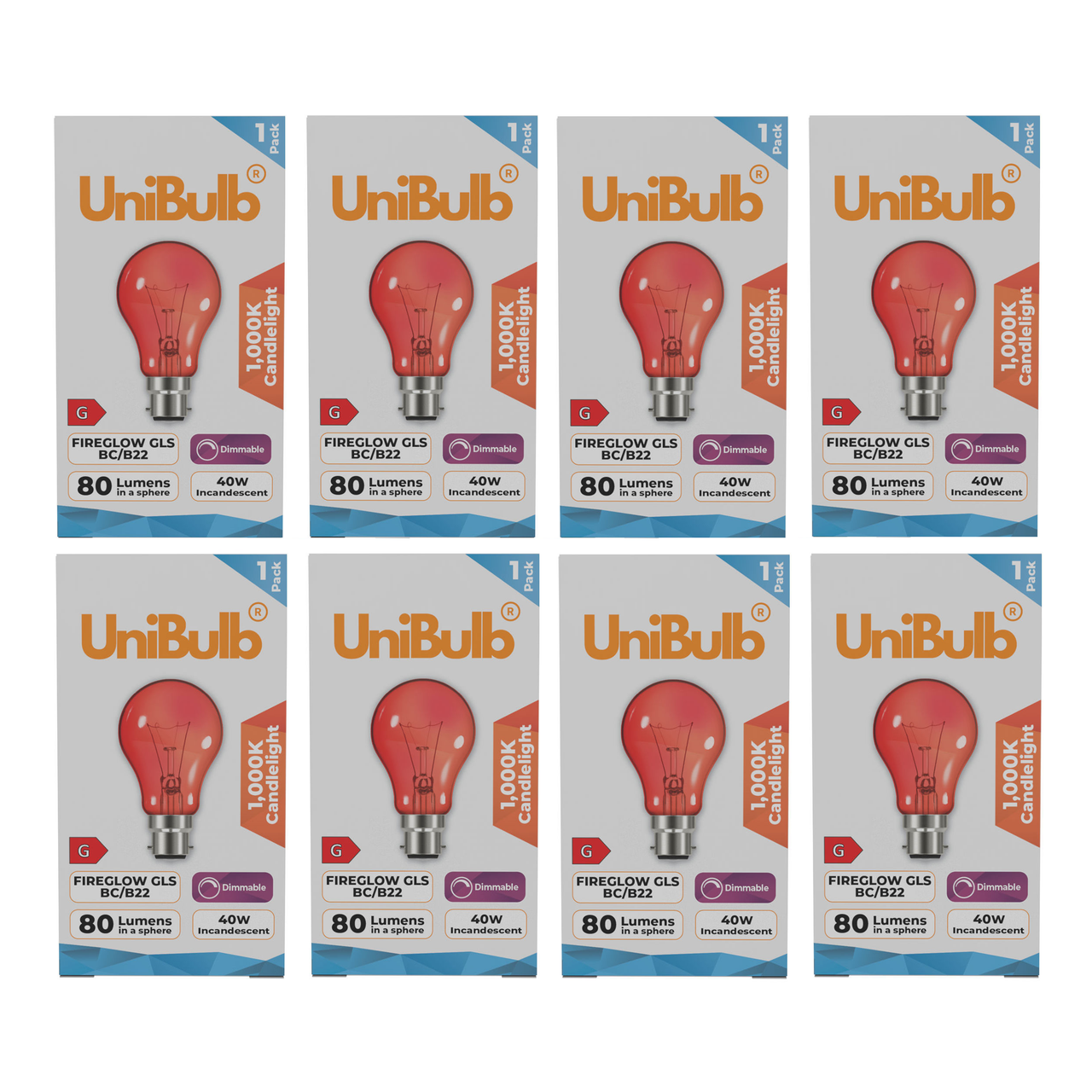 UniBulb B22 GLS 60W 1000k Fireglow Red Light Bulb  - Pack of 8 front