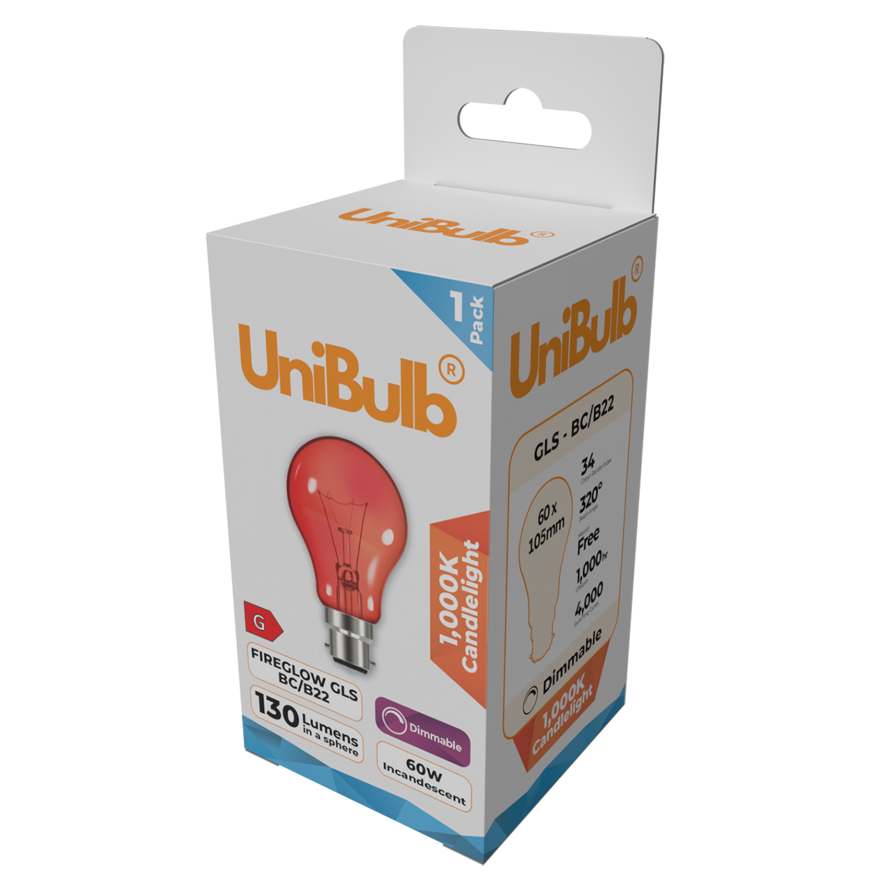 UniBulb B22 GLS 60W 1000k Fireglow Red Light Bulb  - Pack of 1 side