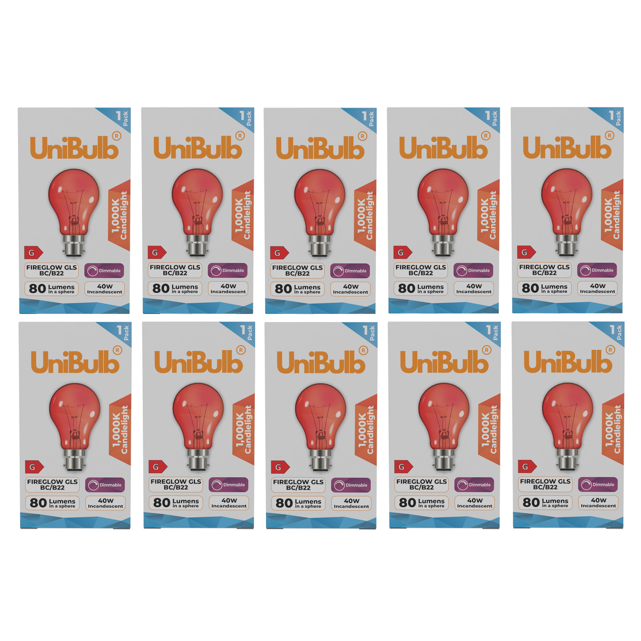 UniBulb B22 GLS 60W 1000k Fireglow Red Light Bulb  - Pack of 8 front