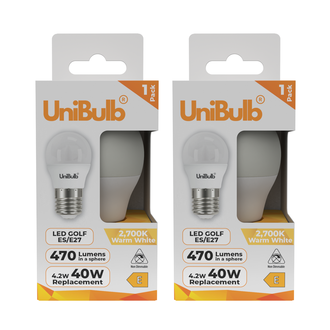 UniBulb LED Golf Ball E27 470lm 4.2W 2700K (Warm White) Light Bulb - Pack of 2 front