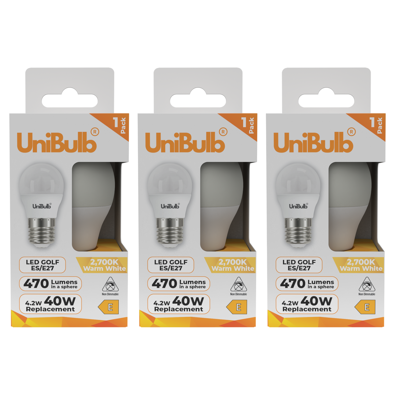 UniBulb LED Golf Ball E27 470lm 4.2W 2700K (Warm White) Light Bulb - Pack of 3 front