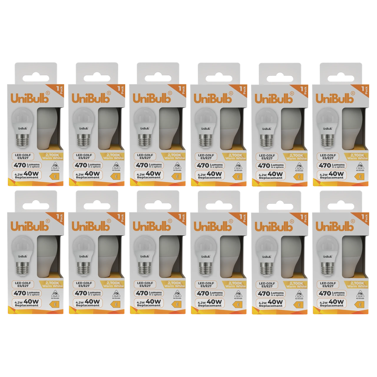 UniBulb LED Golf Ball E27 470lm 4.2W 2700K (Warm White) Light Bulb - Pack of 12 front