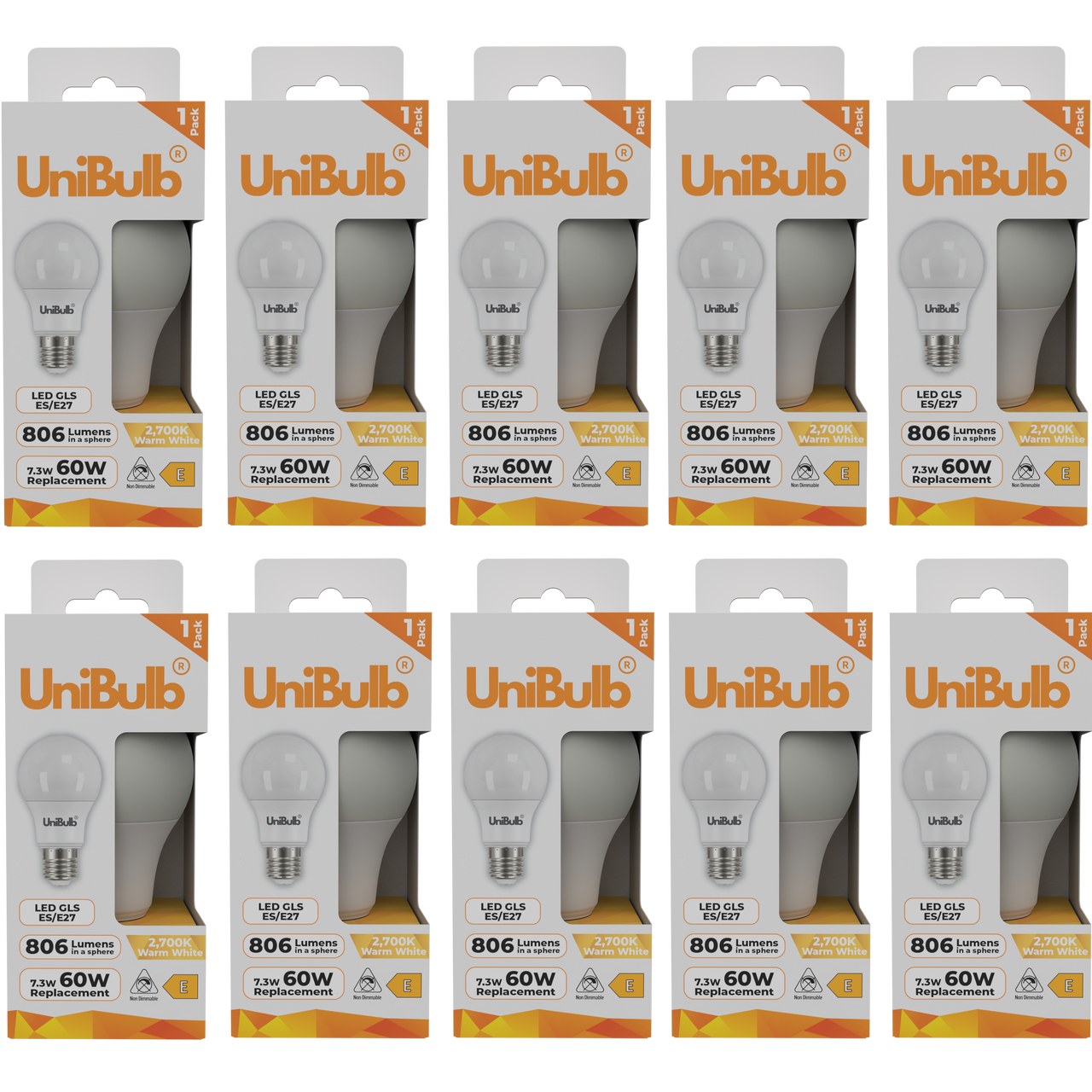 UniBulb LED GLS E27 806lm 7.3W 2700K (Warm White) Light Bulb - Pack of 10 bulb front