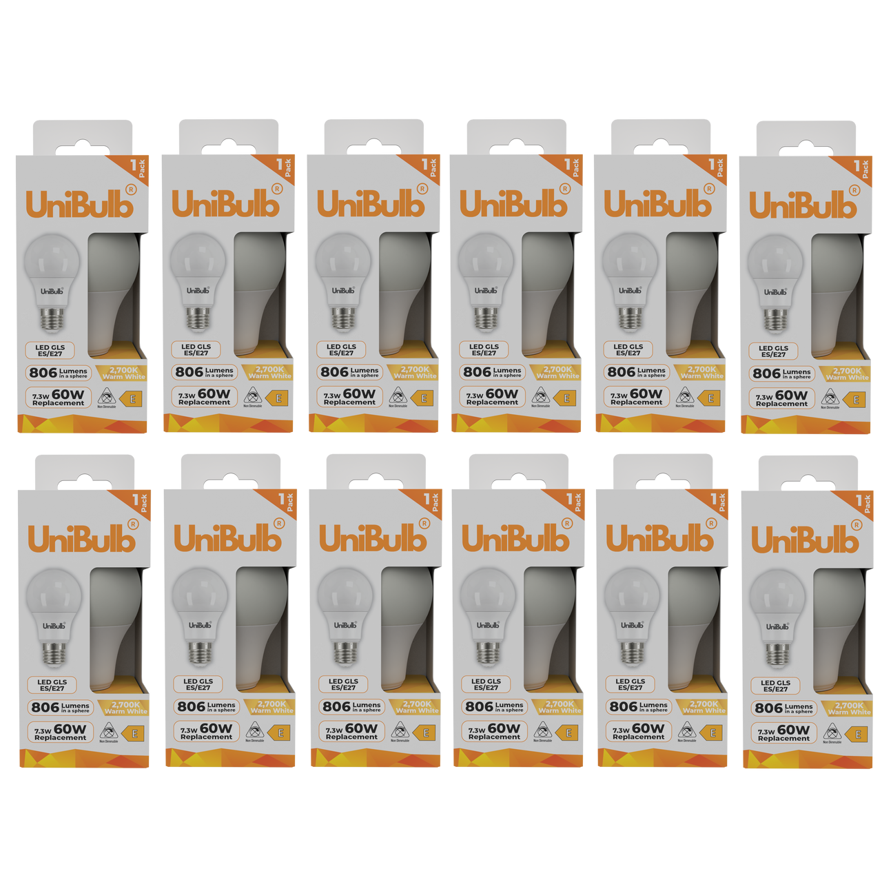 UniBulb LED GLS E27 806lm 7.3W 2700K (Warm White) Light Bulb - Pack of 12 bulb front
