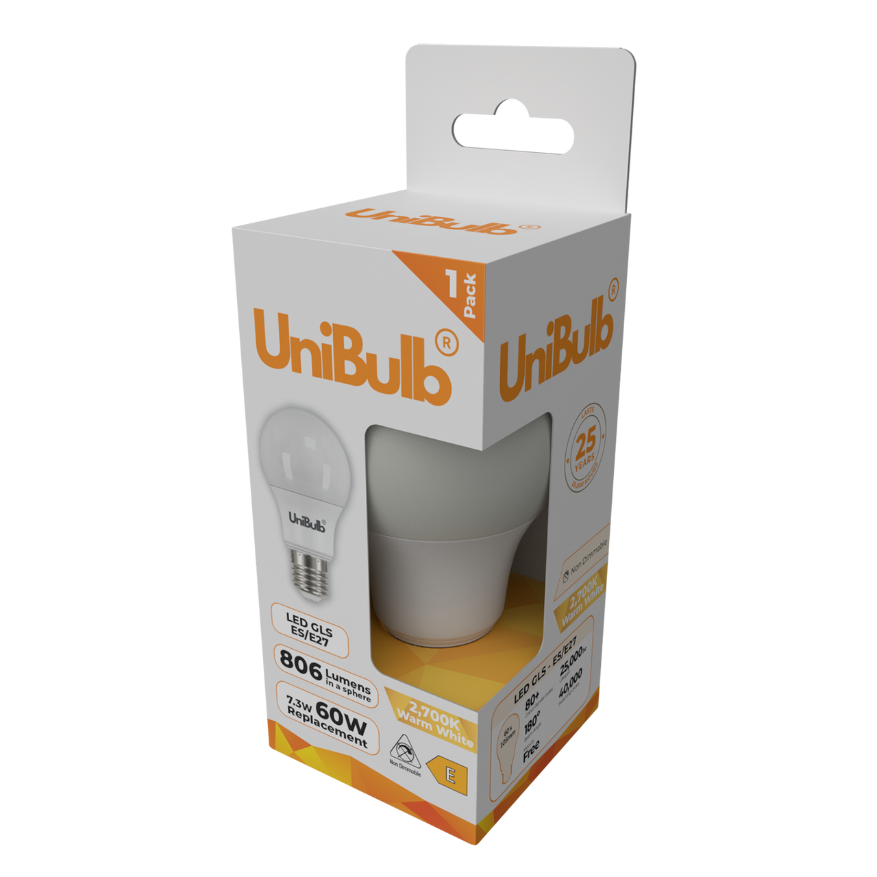 UniBulb LED GLS E27 806lm 7.3W 2700K (Warm White) Light Bulb - Pack of 1 bulb side