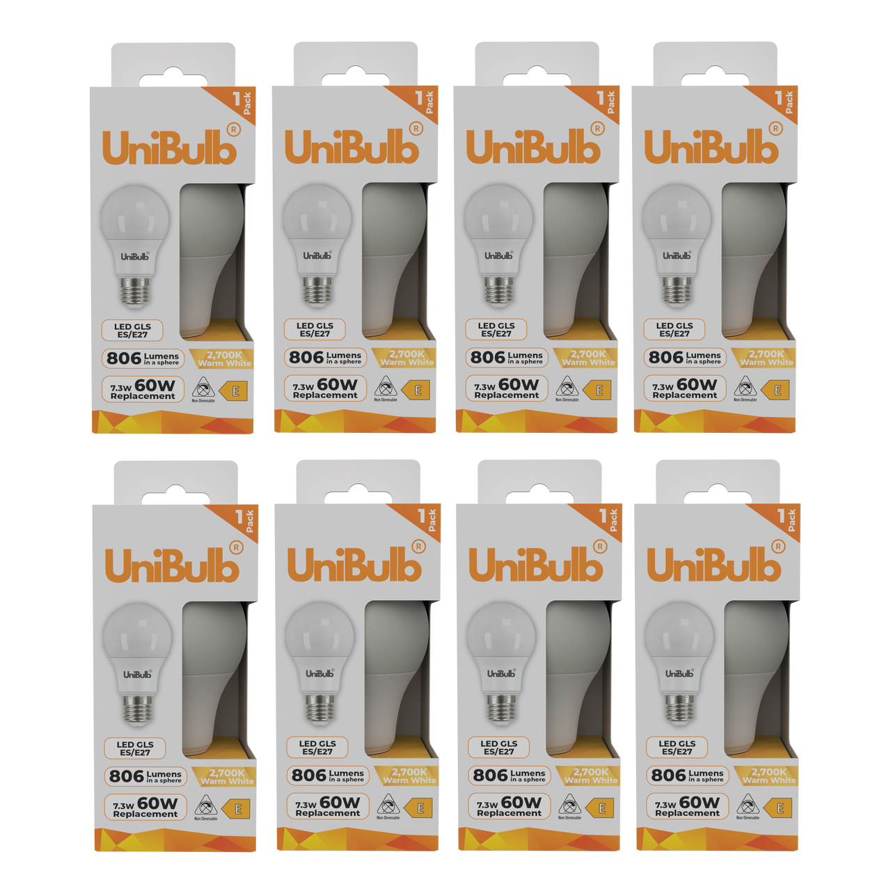 UniBulb LED GLS E27 806lm 7.3W 2700K (Warm White) Light Bulb - Pack of 6 bulb front