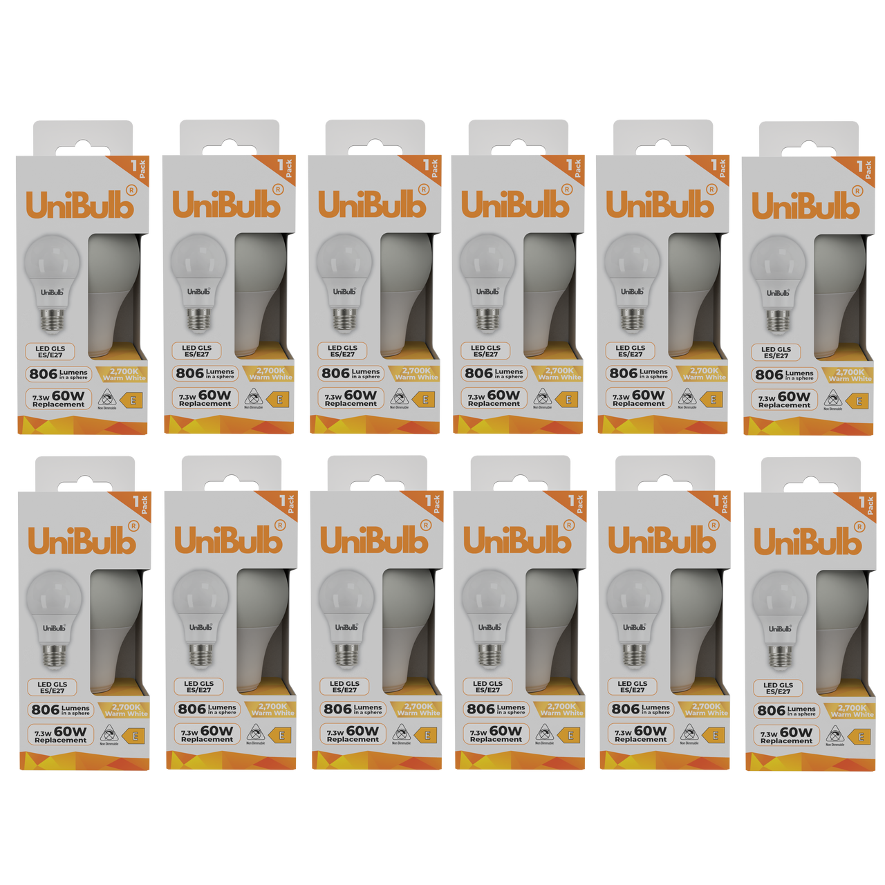 UniBulb LED GLS E27 806lm 7.3W 2700K (Warm White) Light Bulb - Pack of 12 bulb front