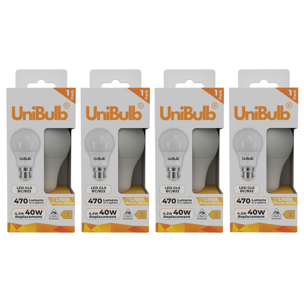 UniBulb LED GLS B22 470lm 4.2W 2700K (Warm White) Light Bulb - Pack of 4 front