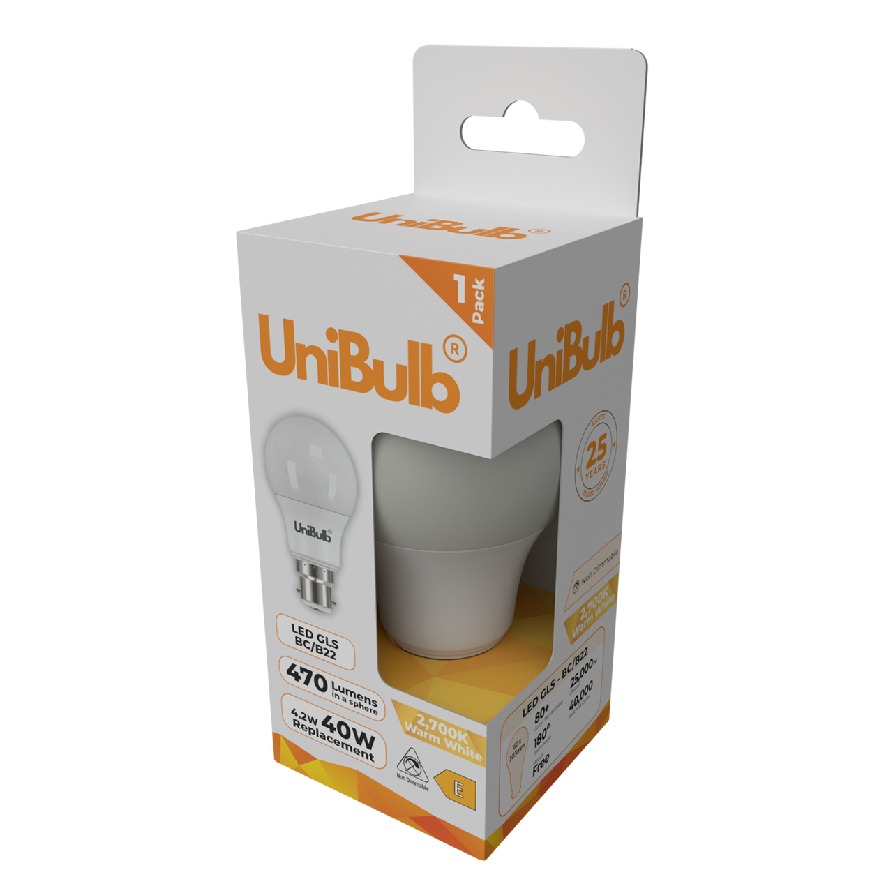 UniBulb LED GLS B22 470lm 4.2W 2700K (Warm White) Light Bulb - Pack of 1 side