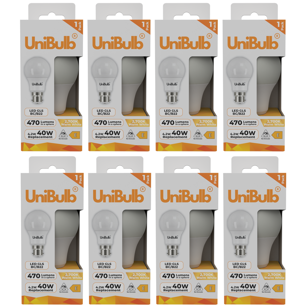 UniBulb LED GLS B22 470lm 4.2W 2700K (Warm White) Light Bulb - Pack of 8 front