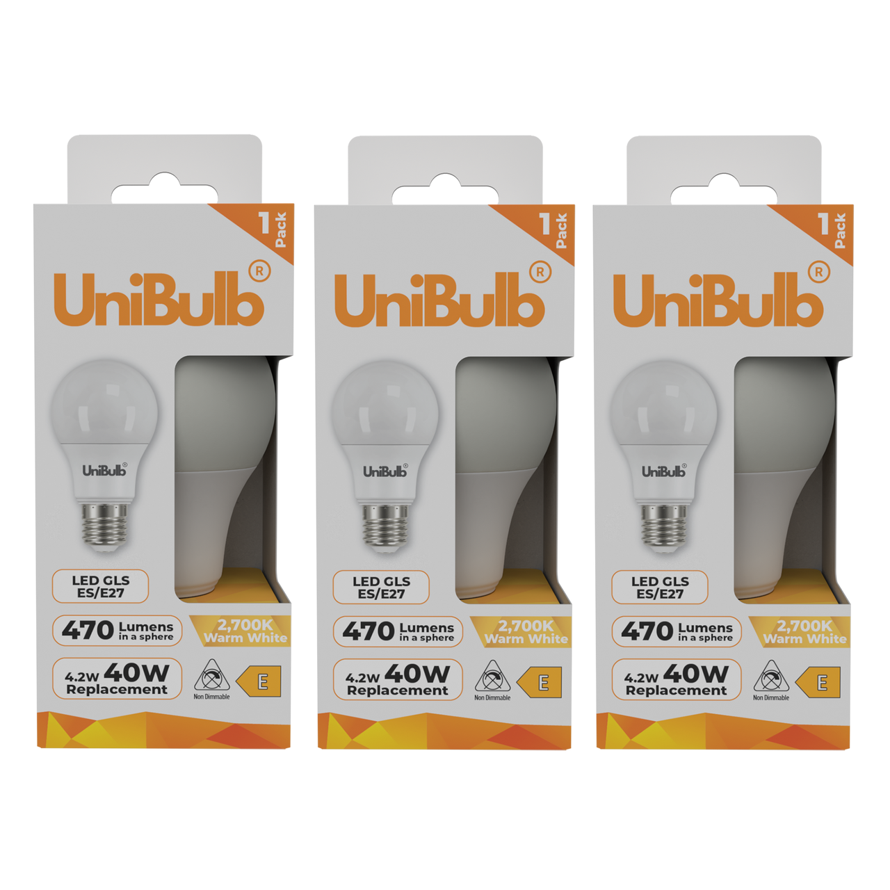 UniBulb LED GLS E27 470lm 4.2W 2700K (Warm White) Light Bulb - Pack of 3 front