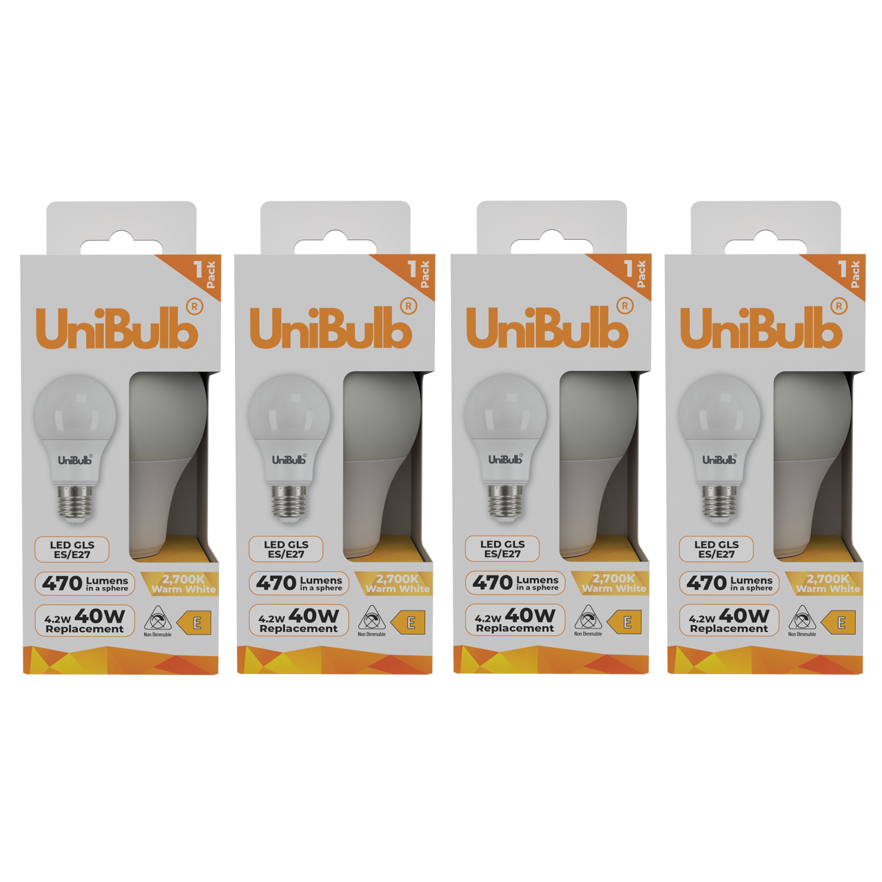 UniBulb LED GLS E27 470lm 4.2W 2700K (Warm White) Light Bulb - Pack of 4
