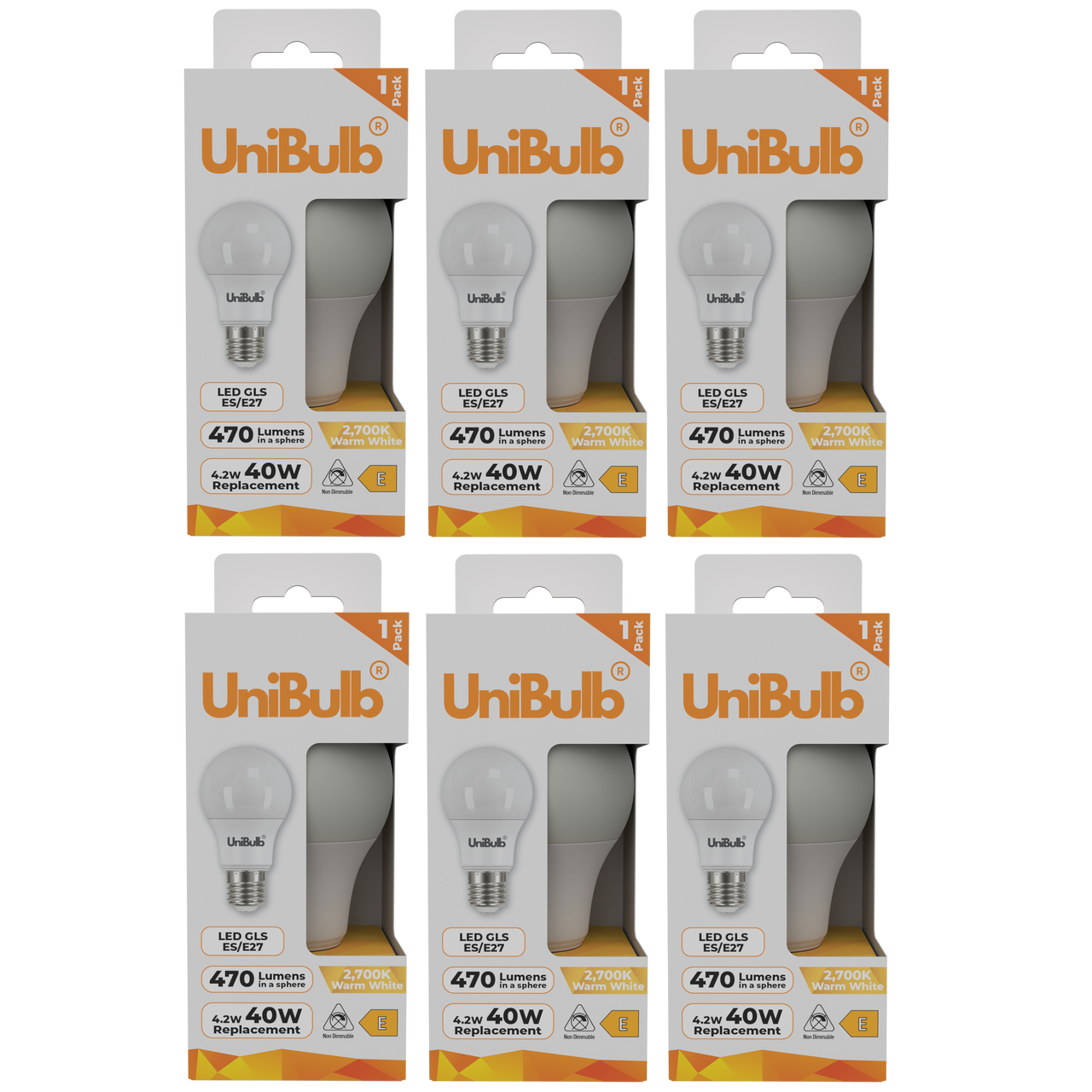 UniBulb LED GLS E27 470lm 4.2W 2700K (Warm White) Light Bulb - Pack of 6