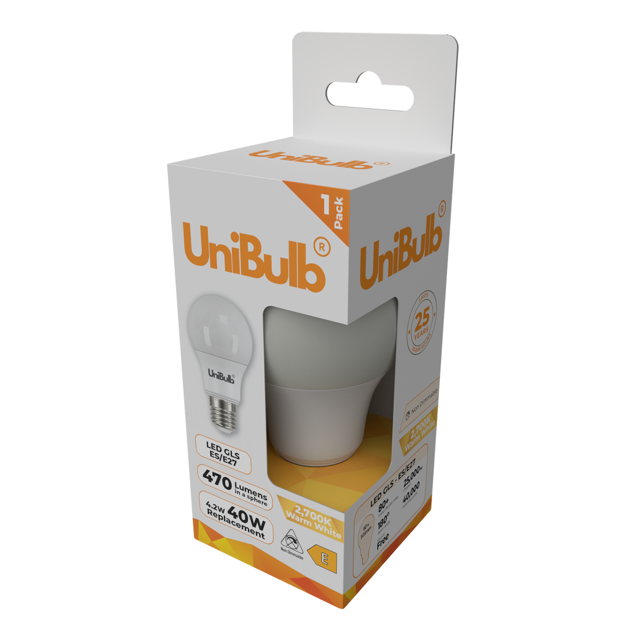 UniBulb LED GLS E27 470lm 4.2W 2700K (Warm White) Light Bulb - Pack of 1 side