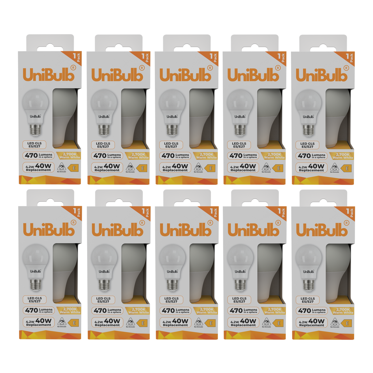 UniBulb LED GLS E27 470lm 4.2W 2700K (Warm White) Light Bulb - Pack of 10