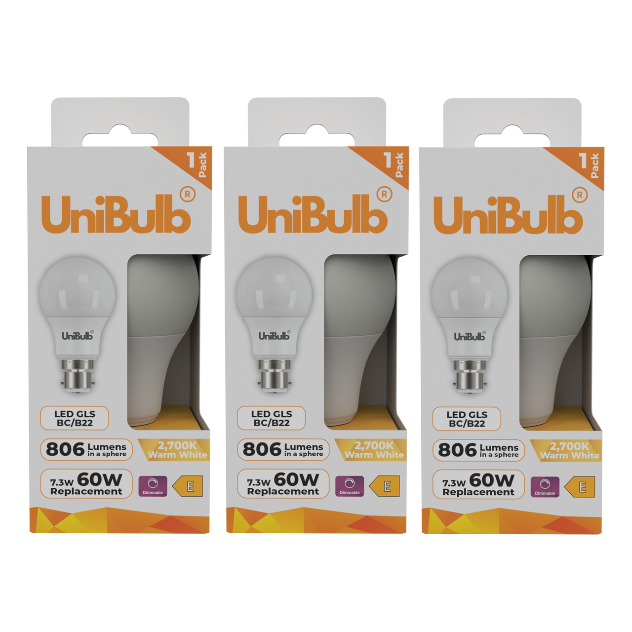 UniBulb LED GLS B22 806lm 7.3W 2700K (Warm White) Dimmable Light Bulb - Pack of 3