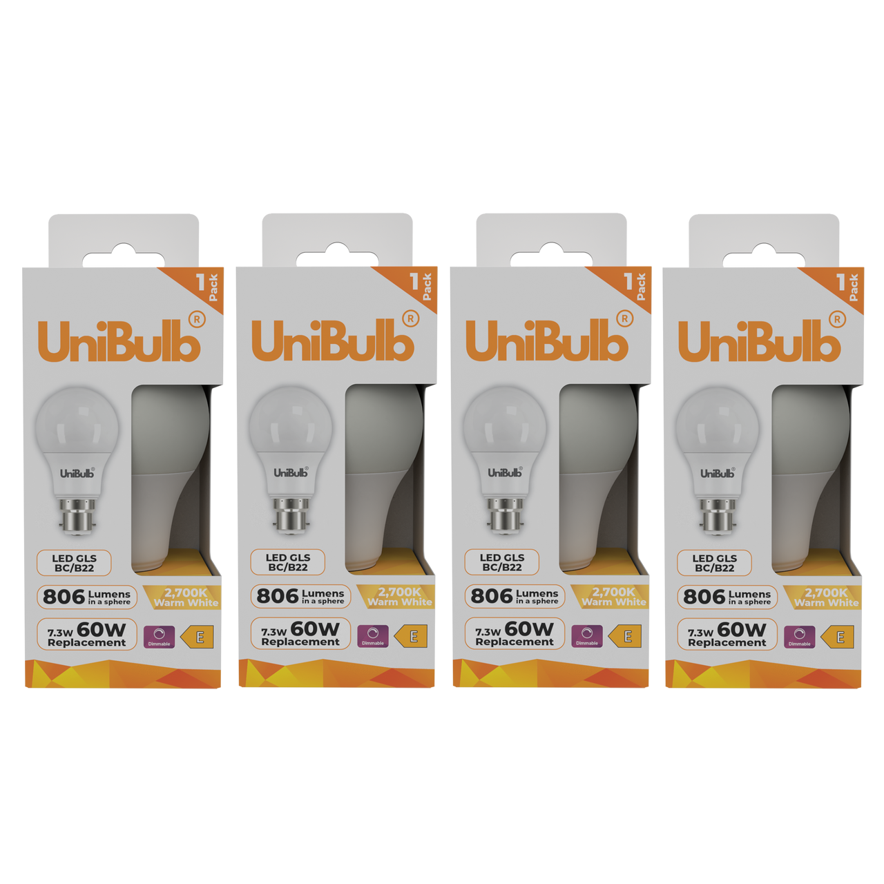 UniBulb LED GLS B22 806lm 7.3W 2700K (Warm White) Dimmable Light Bulb - Pack of 4