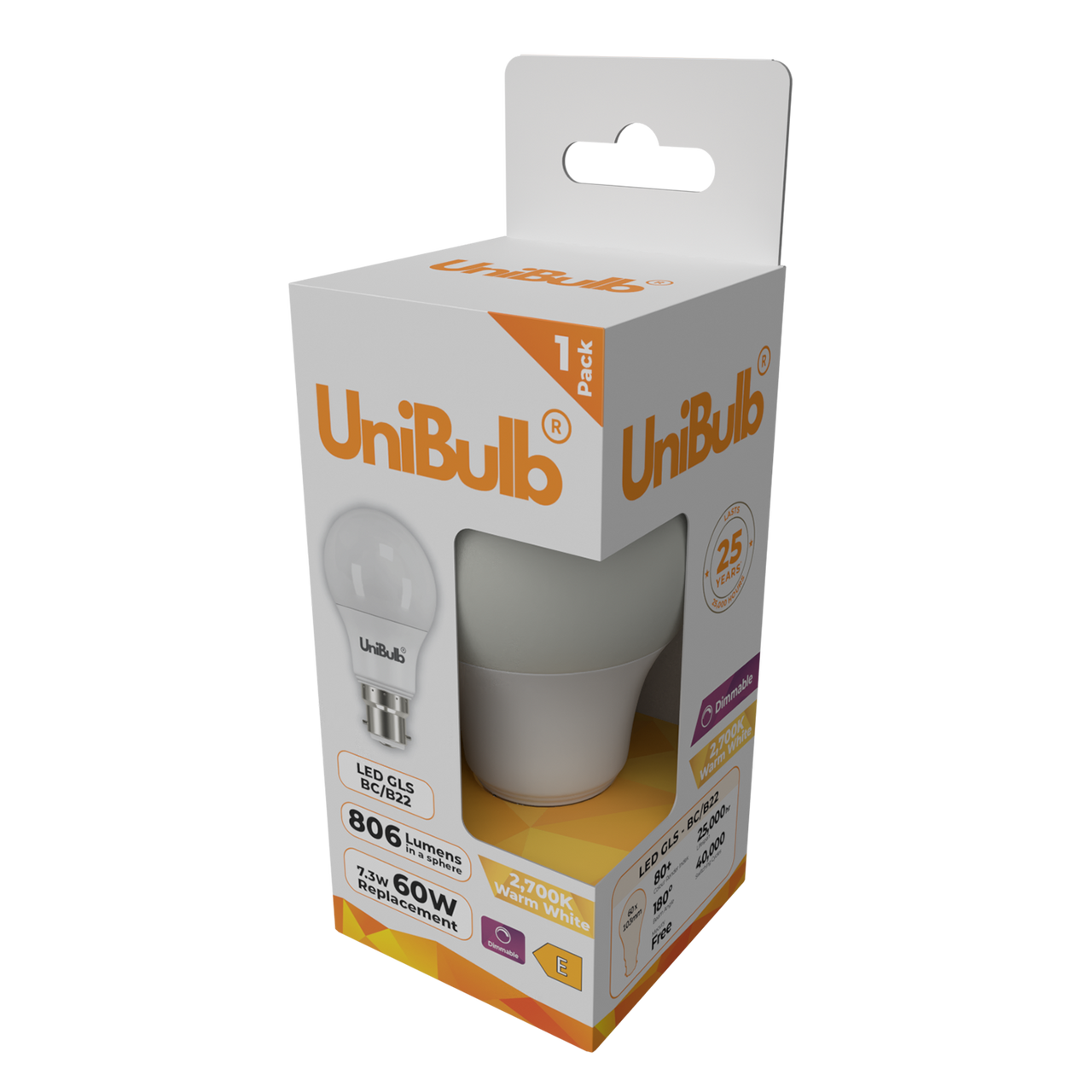 UniBulb LED GLS B22 806lm 7.3W 2700K (Warm White) Dimmable Light Bulb - Pack of 1