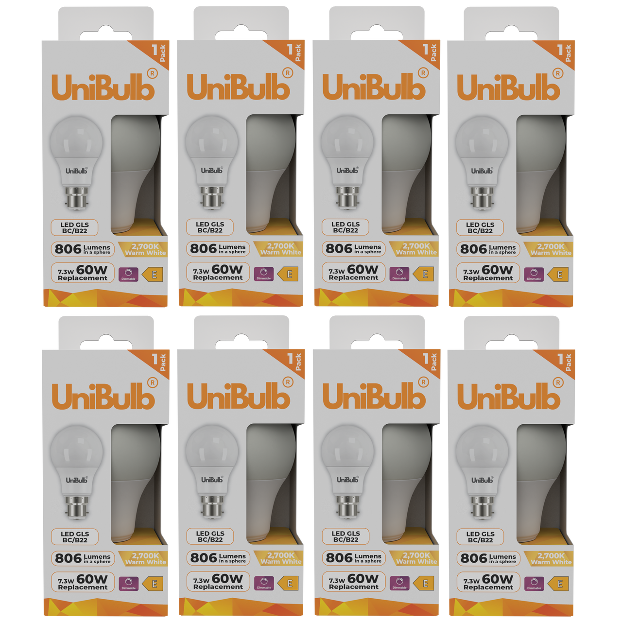UniBulb LED GLS B22 806lm 7.3W 2700K (Warm White) Dimmable Light Bulb - Pack of 8