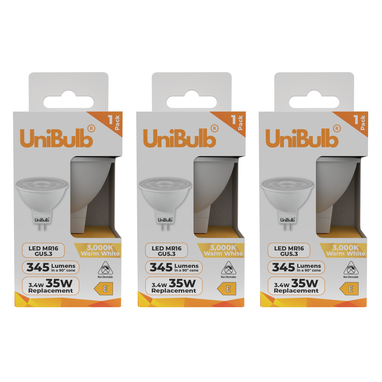 UniBulb LED MR16 GU5.3 345lm 3.4W 3000K (Warm White) Light Bulb - Pack of 3