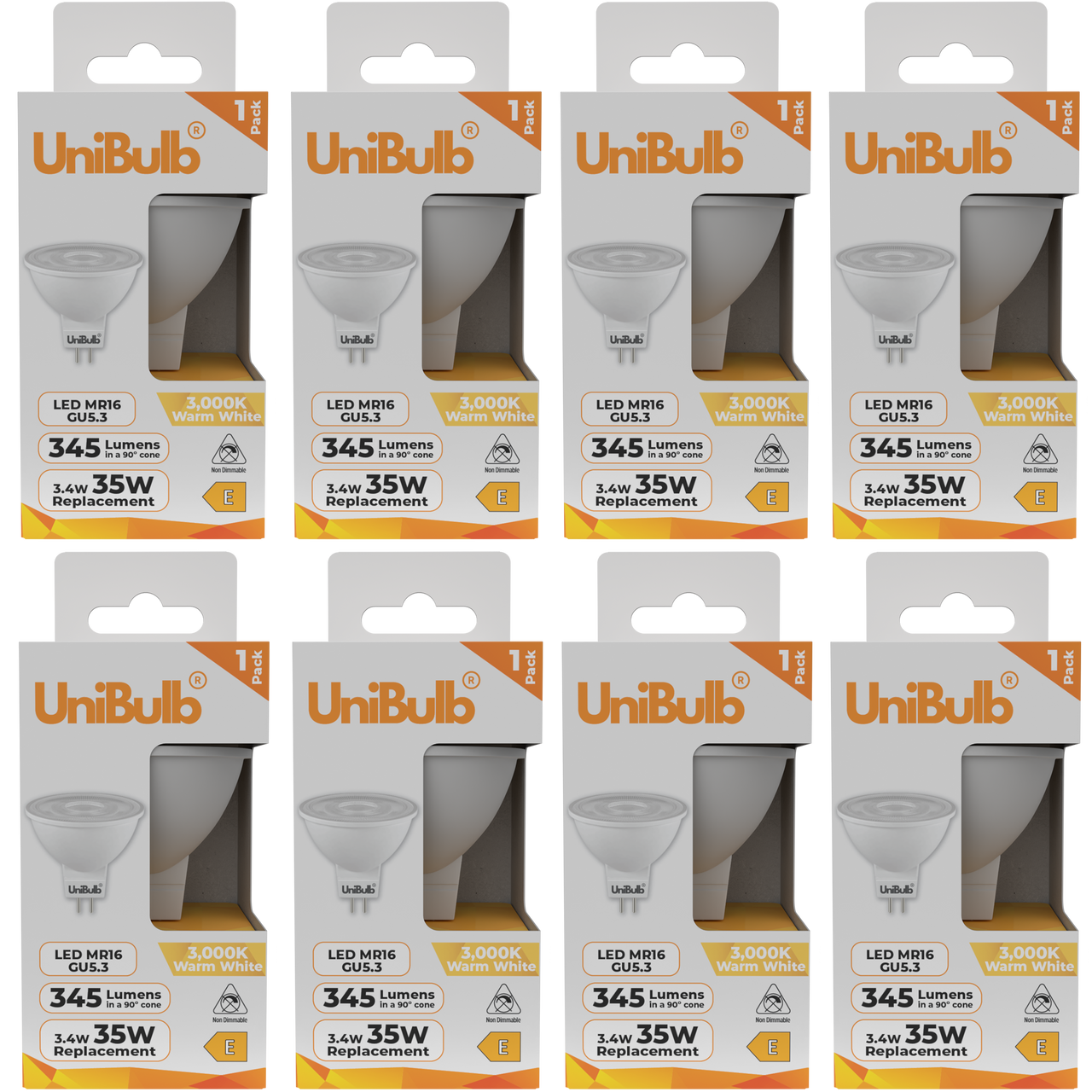 UniBulb LED MR16 GU5.3 345lm 3.4W 3000K (Warm White) Light Bulb - Pack of 8