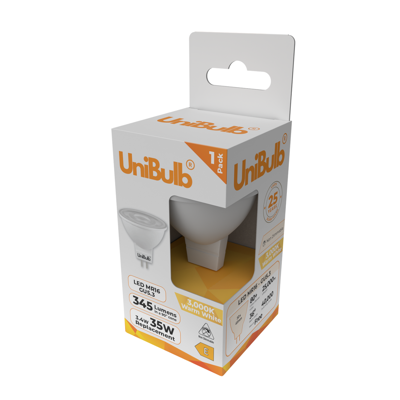 UniBulb LED MR16 GU5.3 345lm 3.4W 3000K (Warm White) Light Bulb - Pack of 12