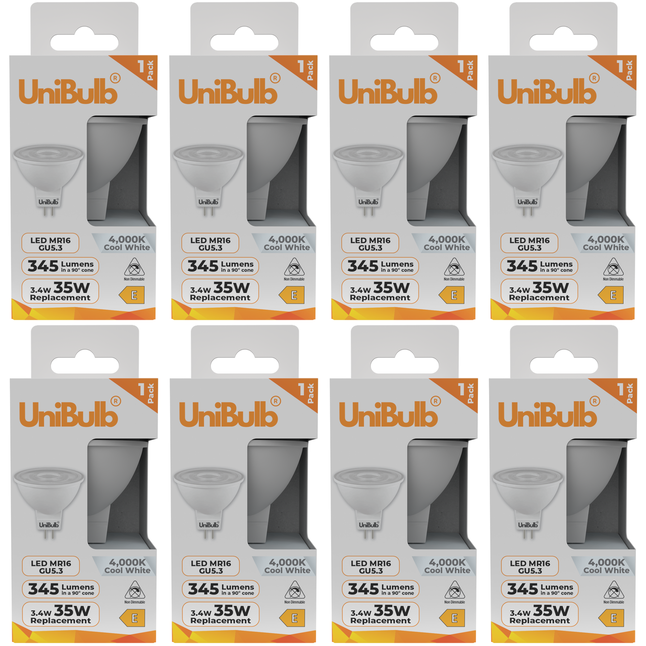 UniBulb LED MR16 GU5.3 345lm 3.4W 4000K (Cool White) Light Bulb - Pack of 8