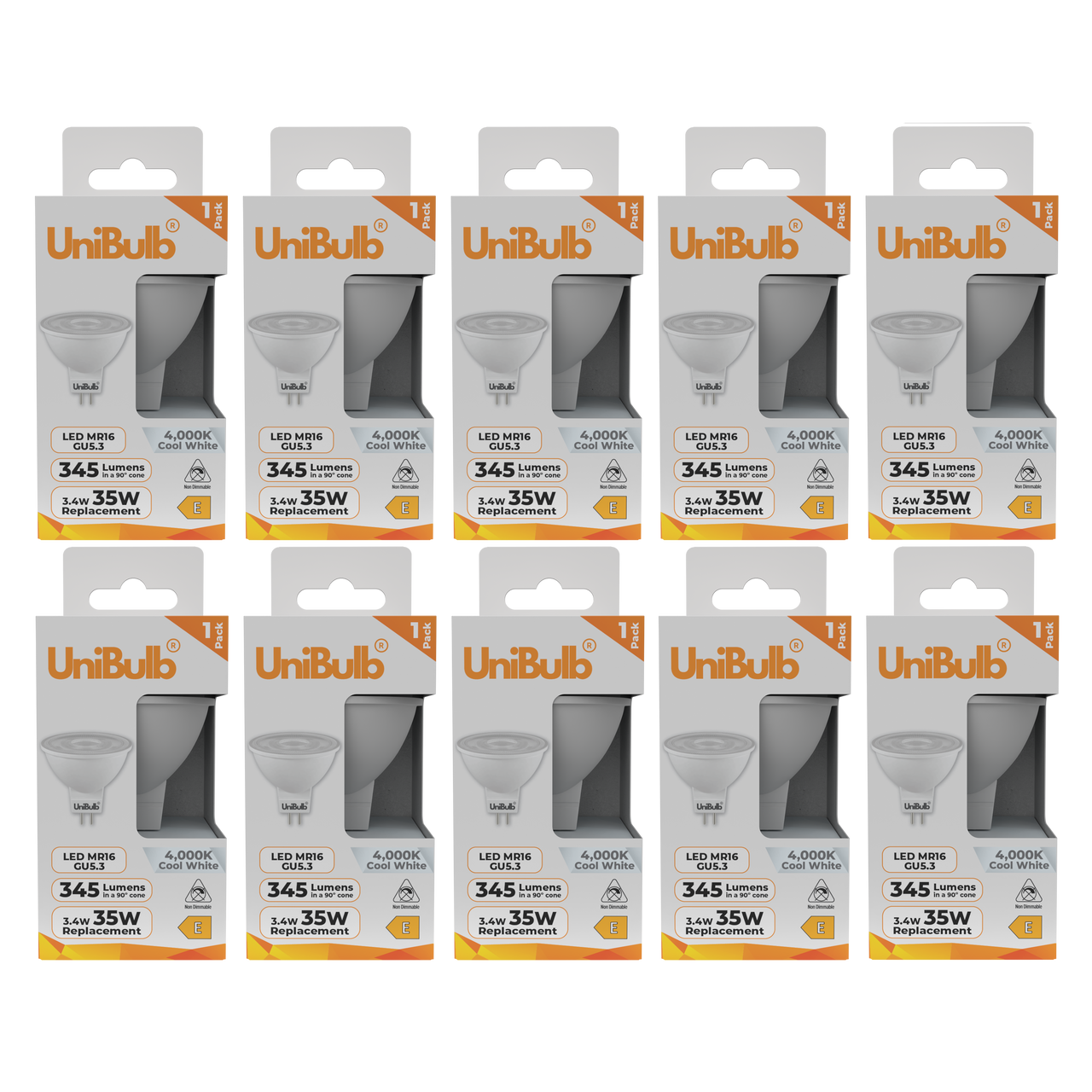 UniBulb LED MR16 GU5.3 345lm 3.4W 4000K (Cool White) Light Bulb - Pack of 10