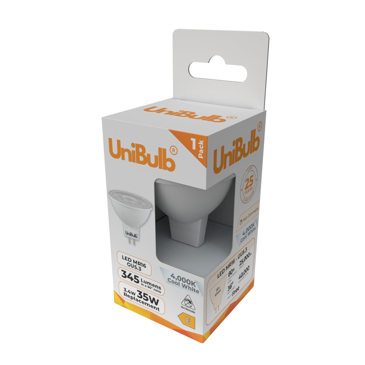 UniBulb LED MR16 GU5.3 345lm 3.4W 4000K (Cool White) Light Bulb - Pack of 12