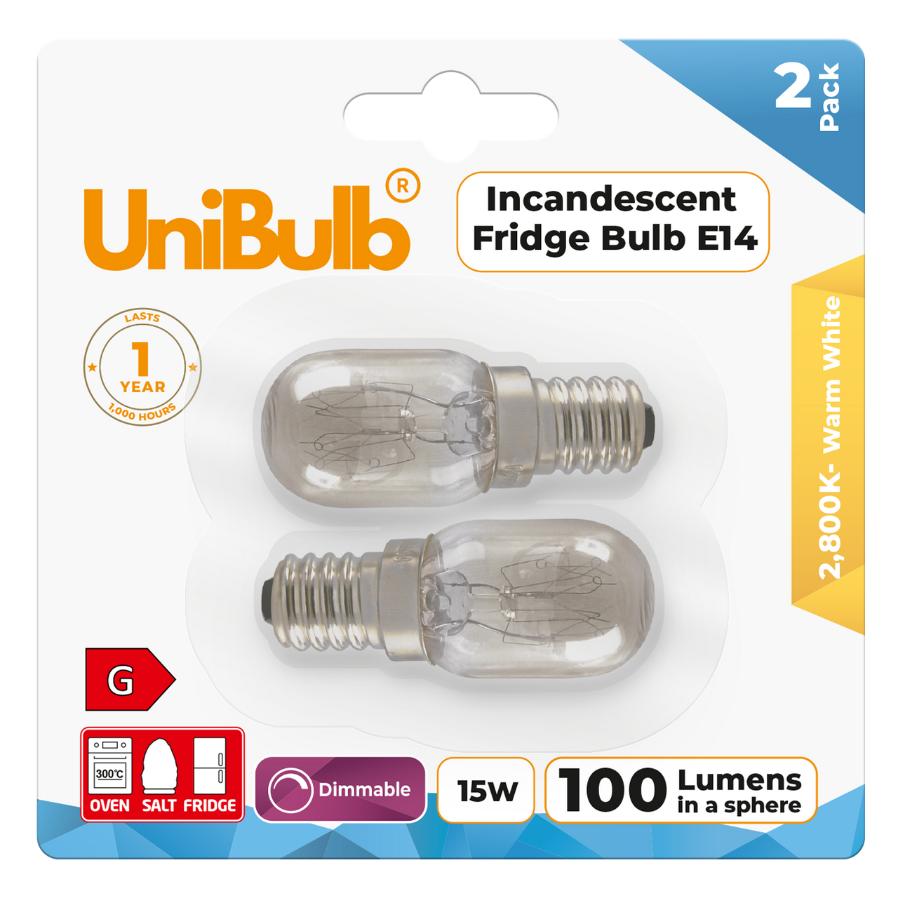 UniBulb Pygmy E14 100lm 15W 2800K (Warm White) Light Bulbs - Pack of 2