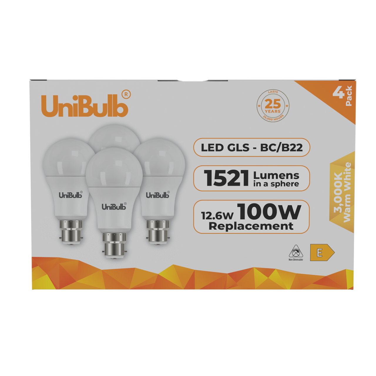 UniBulb LED GLS B22 1521lm 12.6W 3000K (Warm white) Light Bulb - Pack of 4