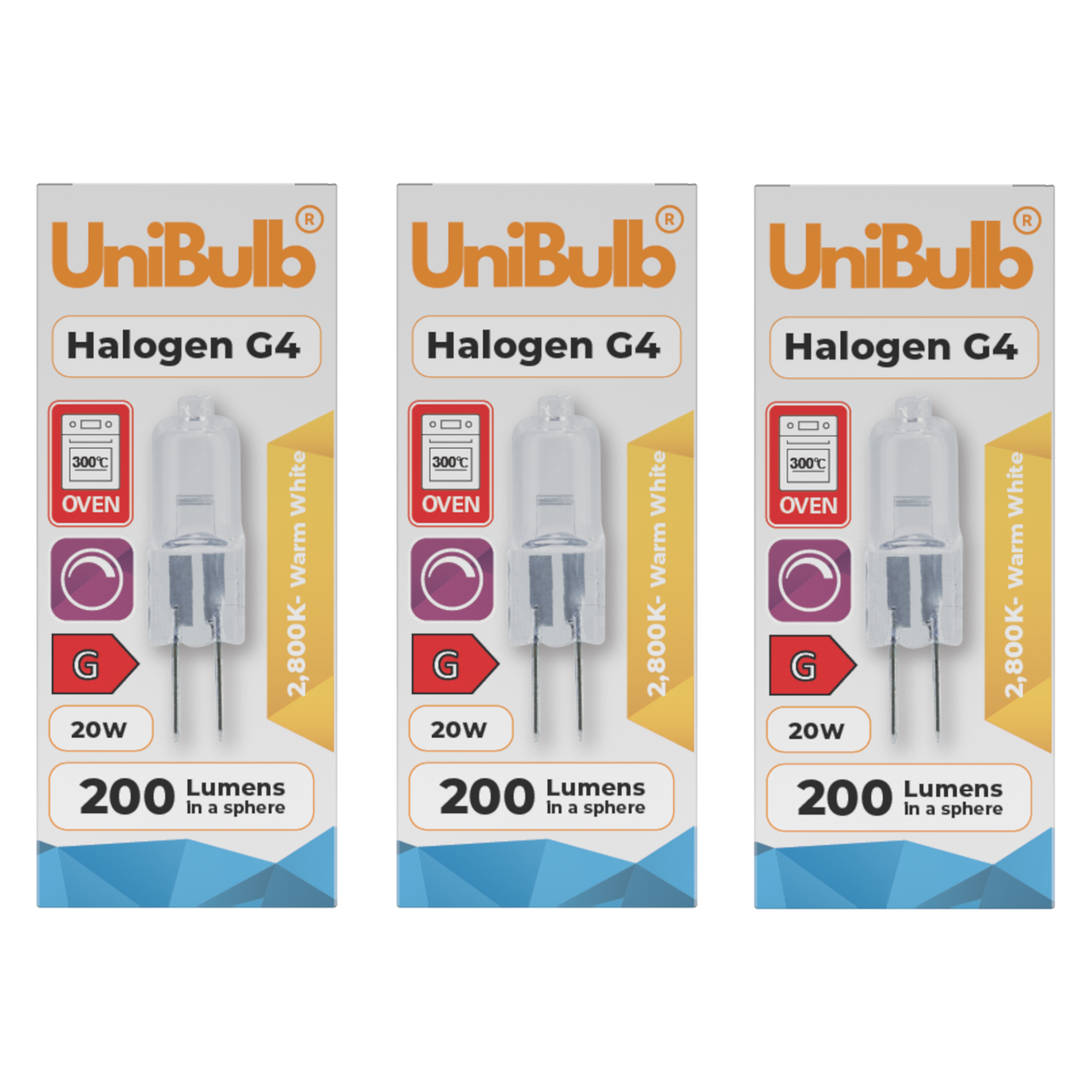 UniBulb Halogen G4 Capsule 200lm 20W 2800K (Warm White) - Pack of 3