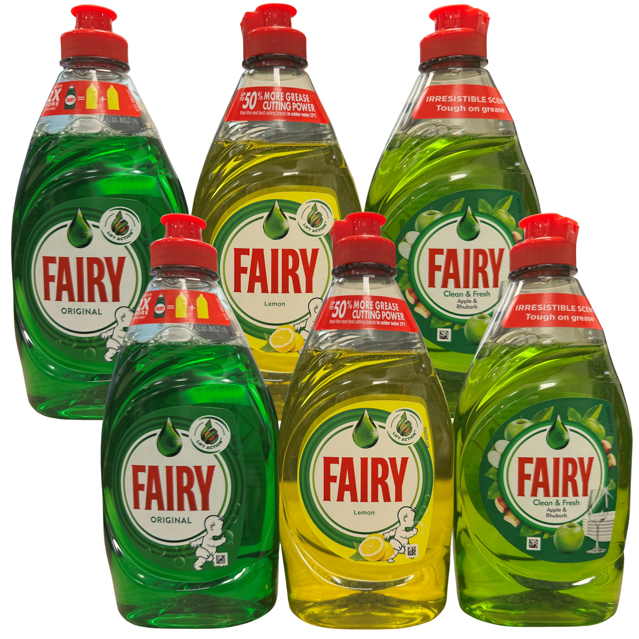 Fairy Washing Up Liquid - Pack of 6 (Original, Apple & Rhubarb, Lemon)