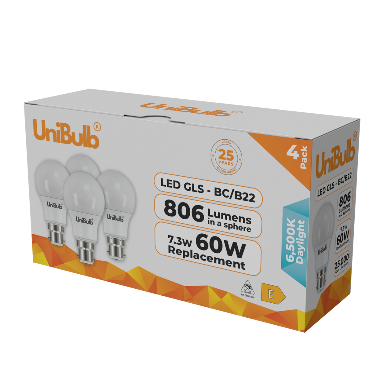 UniBulb LED GLS B22 806lm 7.3W 6500K (Daylight) Light Bulb - Pack of 4 side