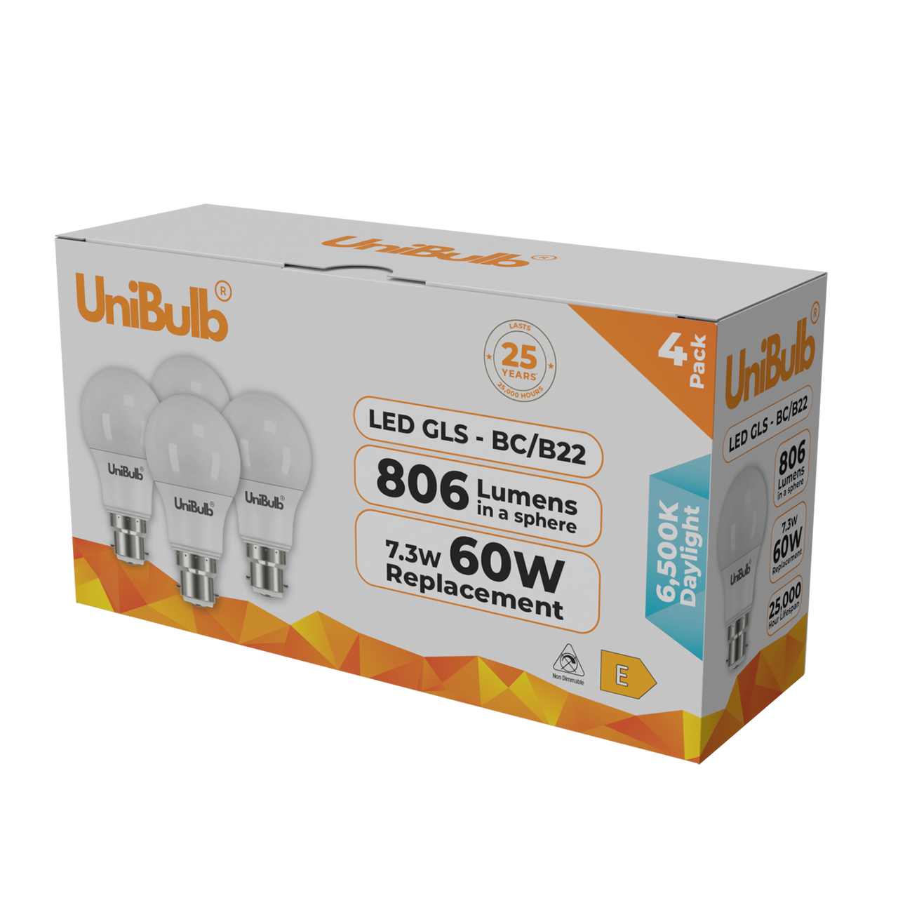UniBulb LED GLS B22 806lm 7.3W 6500K (Daylight) Light Bulb - Pack of 4 side