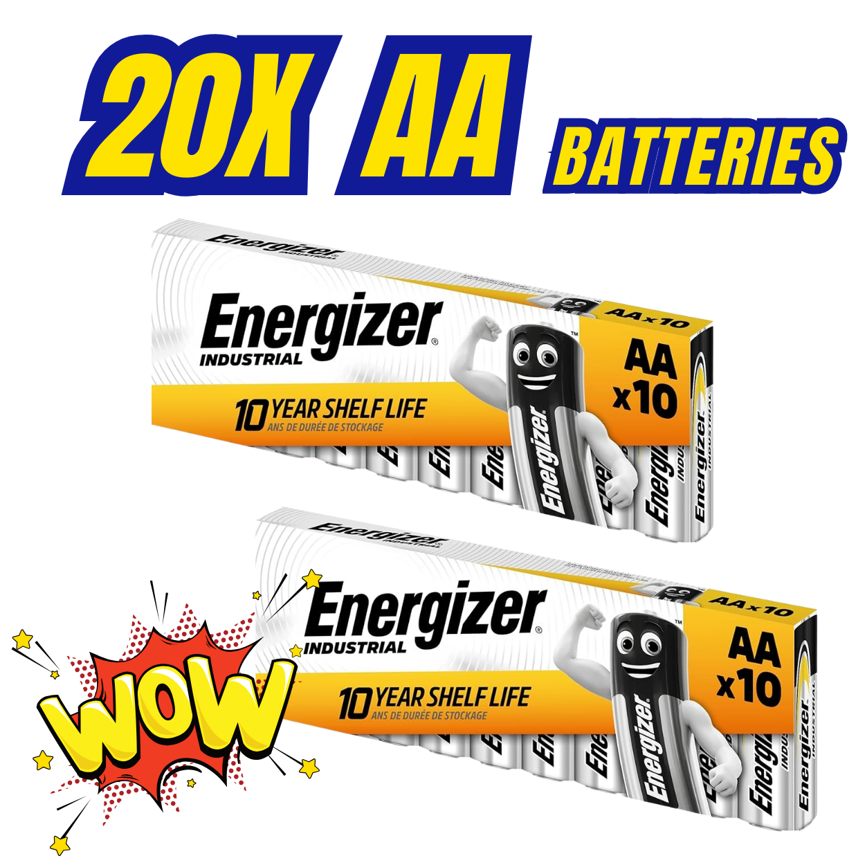 2x Energizer AA Industrial Alkaline Batteries, Pack of 10