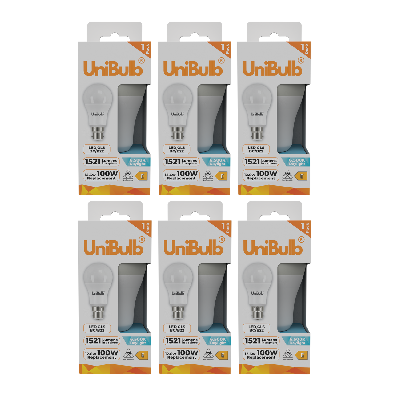 UniBulb LED GLS B22 1521lm 12.6W 6500K (Daylight) Light Bulb - Pack of 6