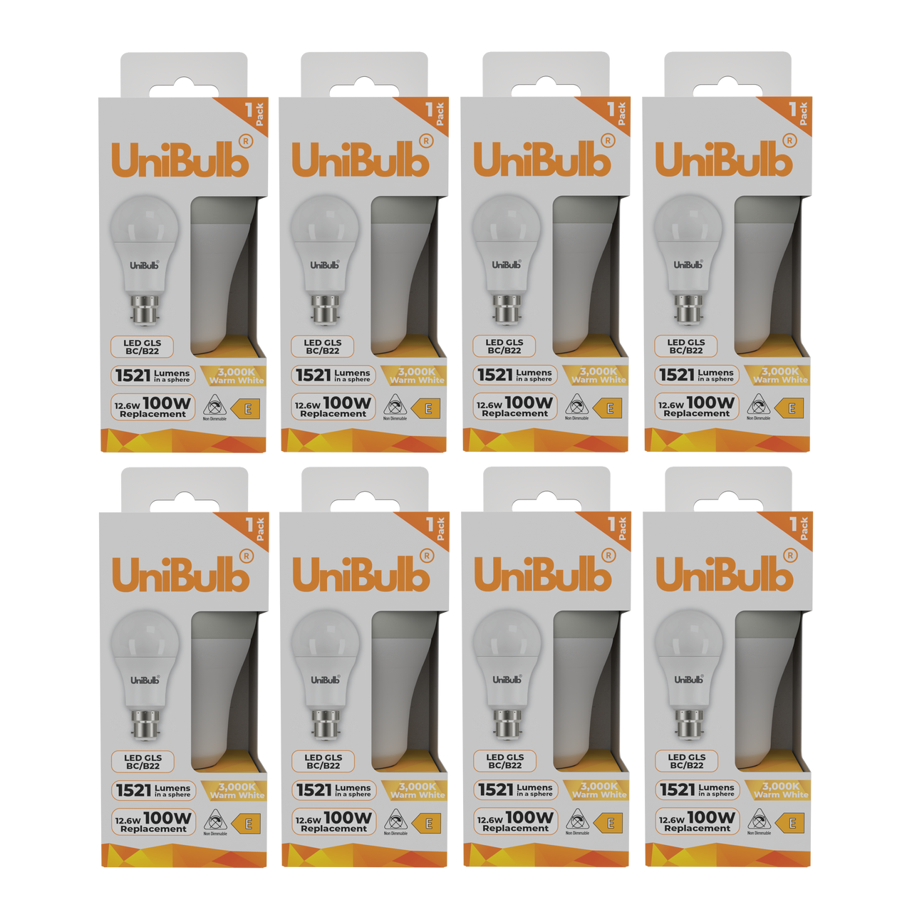 UniBulb LED GLS B22 1521lm (Replaces 100W) 12.6W 2700K (Warm White) Light Bulb - Pack of 8 front