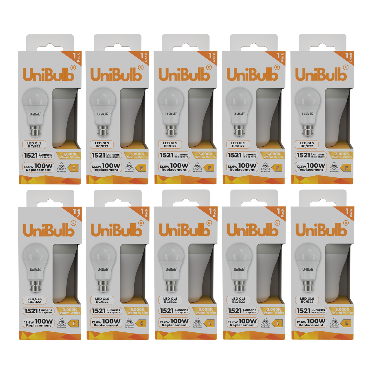UniBulb LED GLS B22 1521lm (Replaces 100W) 12.6W 2700K (Warm White) Light Bulb - Pack of 10 front